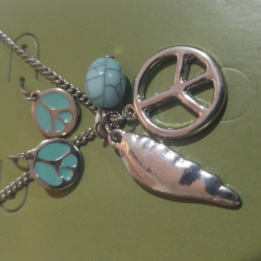 Boho Silver Peace Charm Necklace & Turquoise Accent Earrings – Artisan Jewelry - Picture 3 of 8